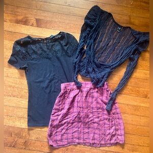 School girl goth lace top, plaid skirt bundle size Extra Small